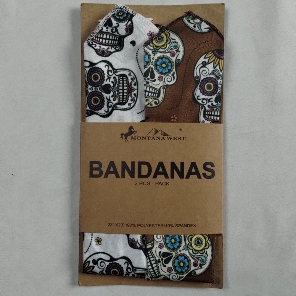 Montana West Bandanas 2 Pack, Skull Print Design, White & Brown Color 23"x 23"